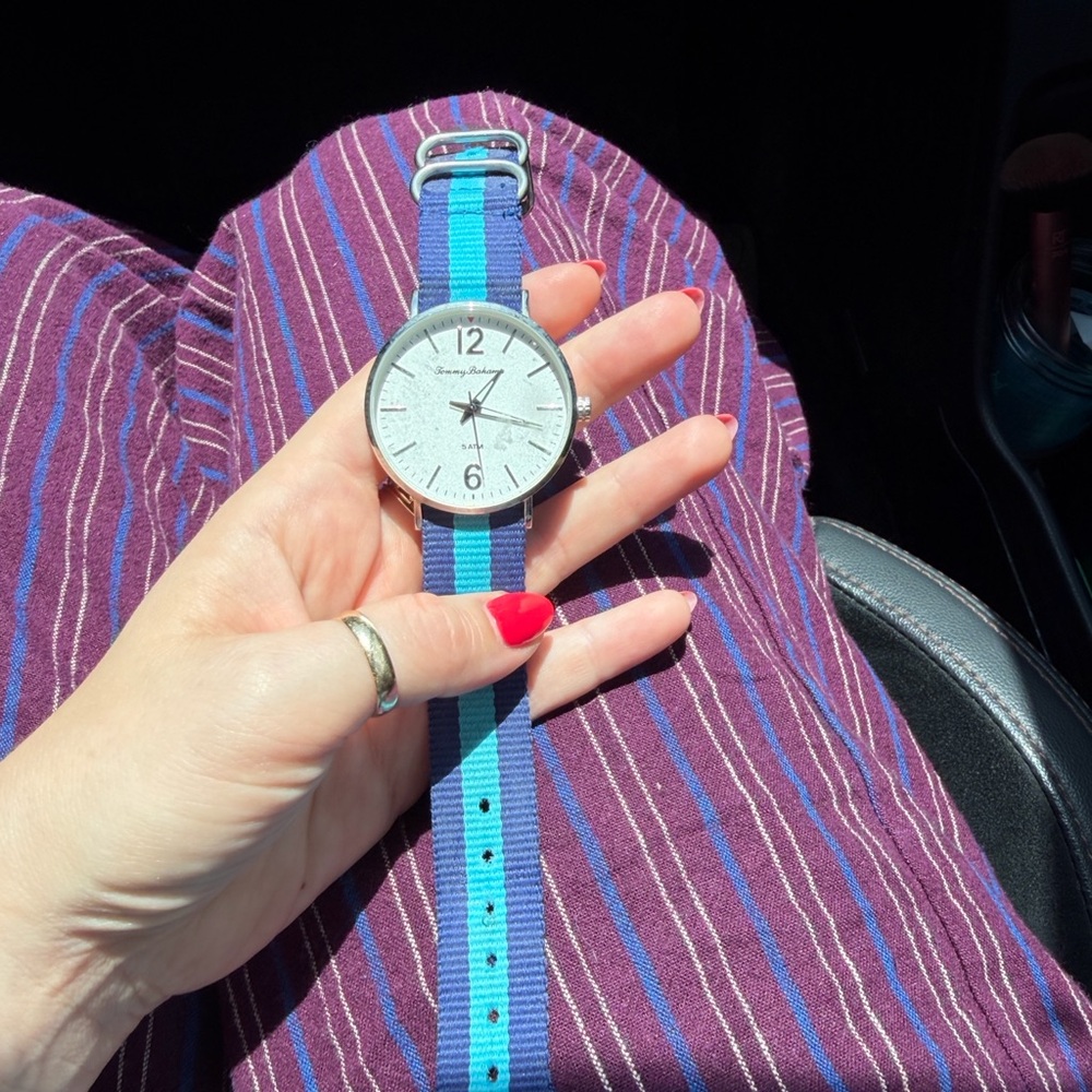 Tommy Bahama Blue and Aqua Striped Nylon Strap Watch